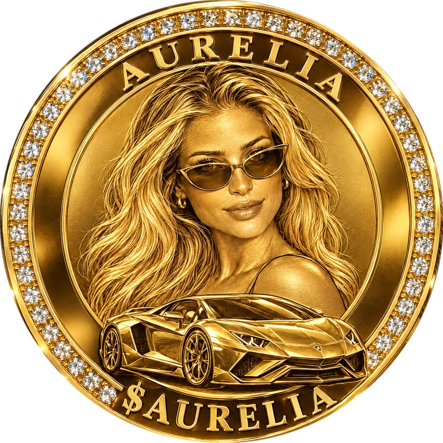 The gold $AURELIA coin with a diamond rim, Aurelia's portrait and a supercar